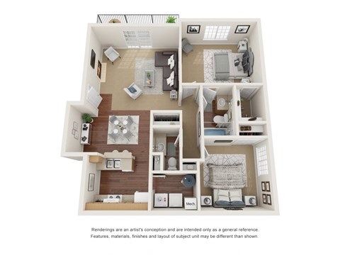 Two bedroom, one and a half bath three dimensional floor plan.